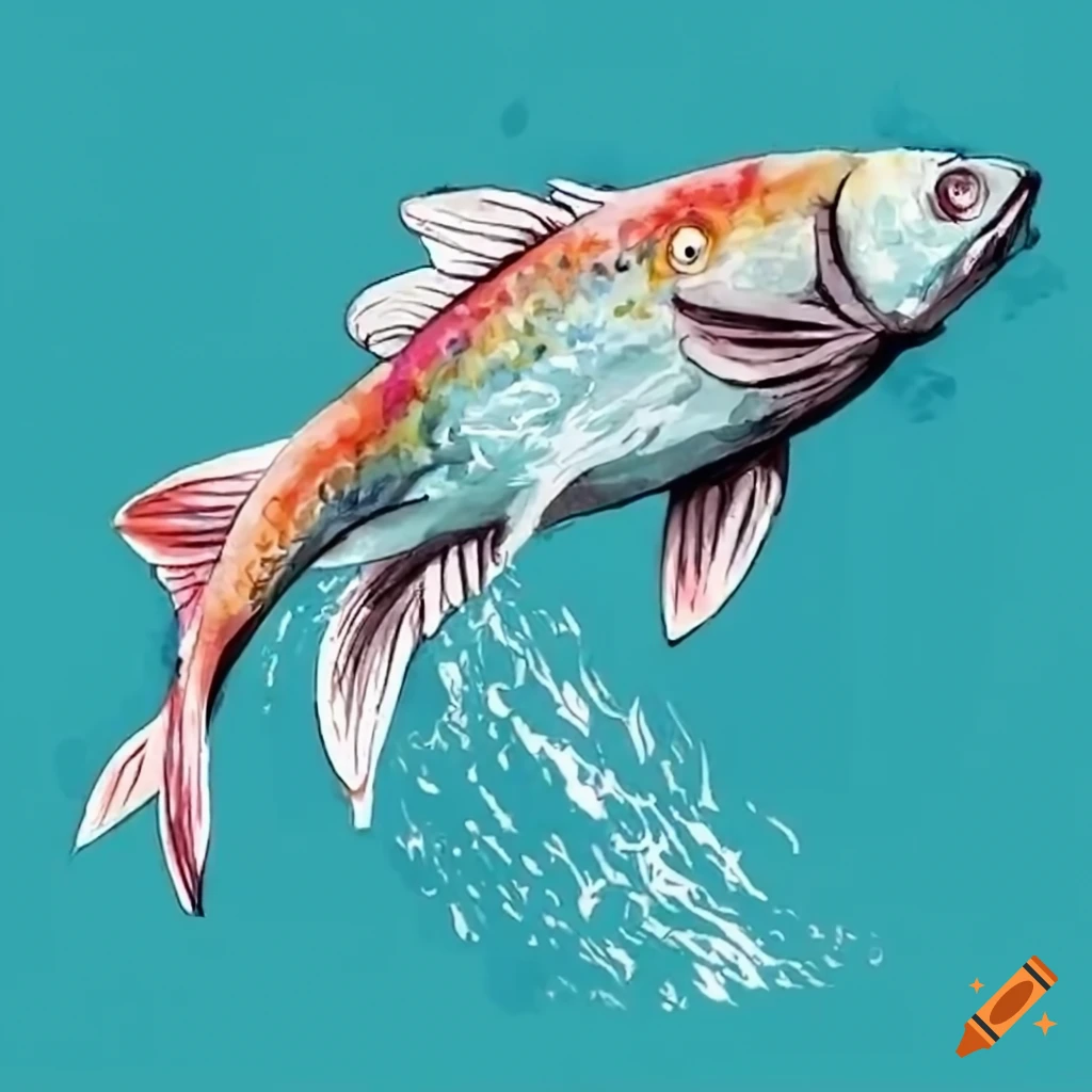 Drawing Sketch Styled Jumping Trout Fish and Water Posters, Art Prints by -  Interior Wall Decor #1449026