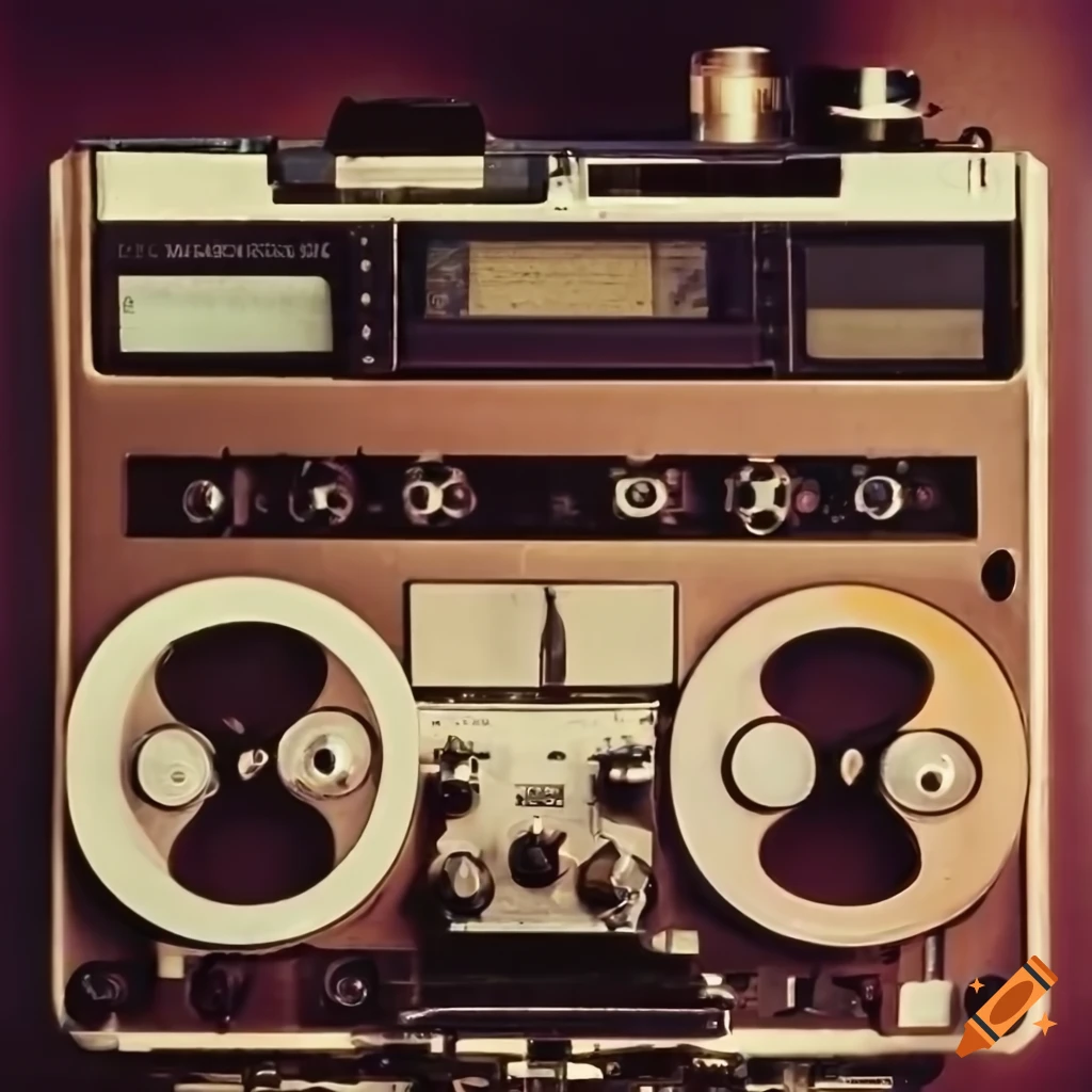 Tape machine recorder. retro photo. 1970. cables. multicolored bulbs. knobs  on Craiyon