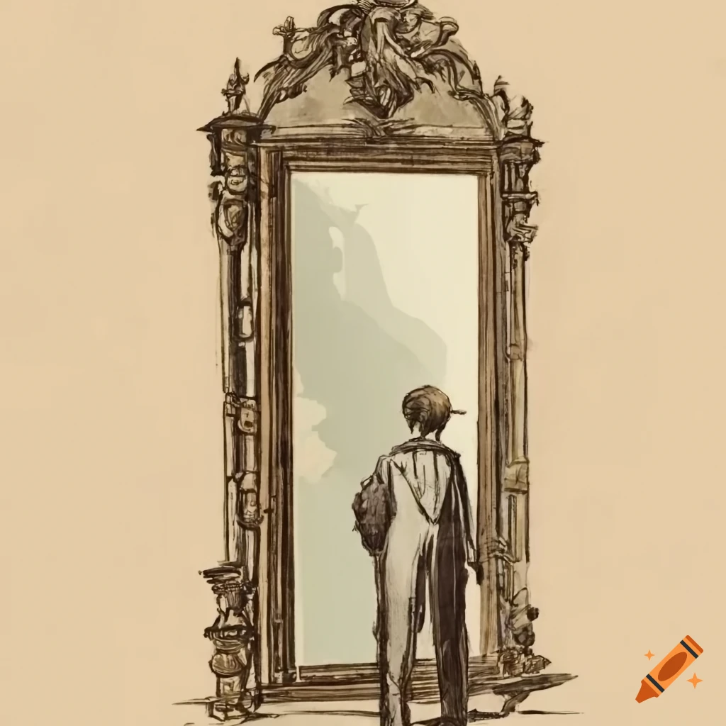 Vintage sketch of a man is standing in front of a large vintage mirror. i  can see his back, and i can see myself in the mirror on Craiyon