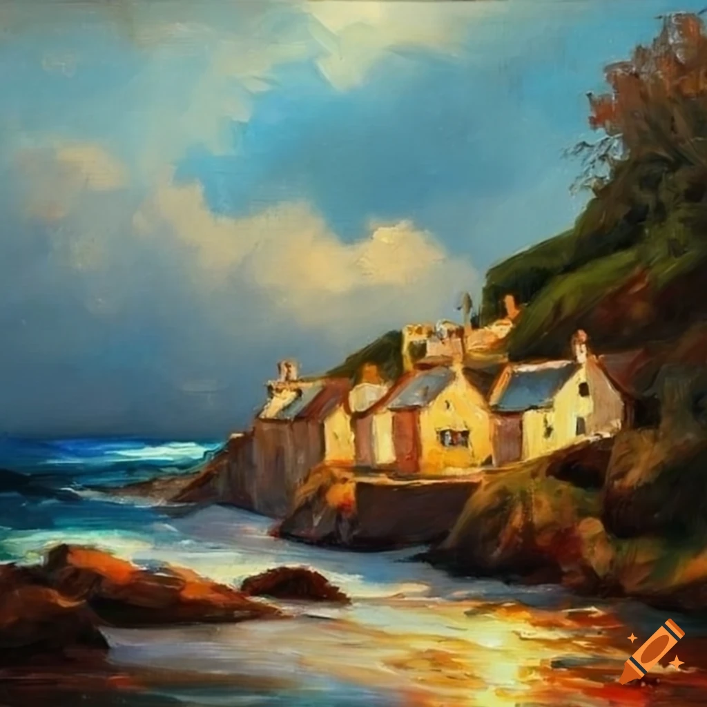 Cornish village, beached wale in cornwall, high quality oil painting art