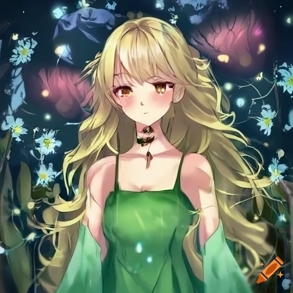 Anime Wizard Female Blonde Wavy Hair Brown Eyes Green Clothes Dainty And Shy Looking Sad 
