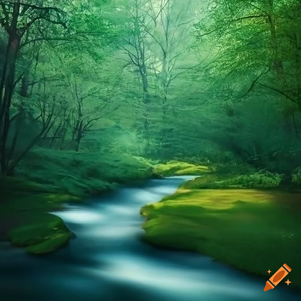A serene river winding through an enchanting woodland