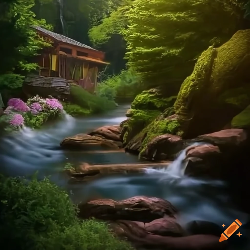 A house near a mountain with flowers and a small waterfall
