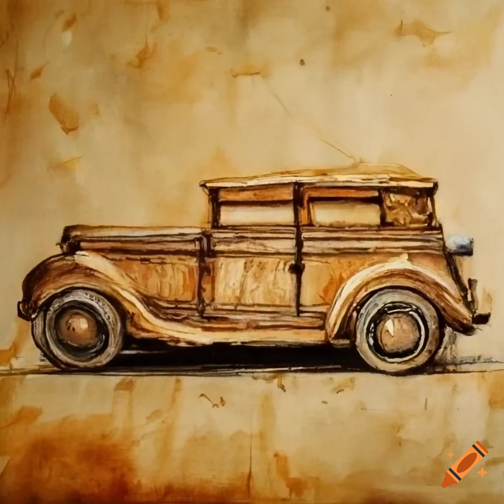 Vintage Car - Colour Sketch in wooden Frame – Digital Art Gallery
