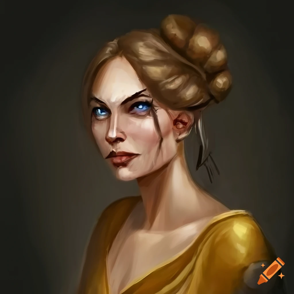 Portrait, oil painting, human woman, apothecary, brown caramel hair