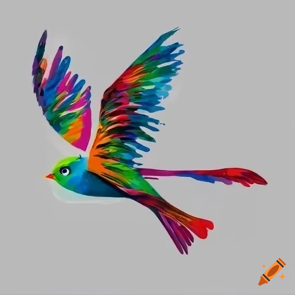 Flying bird in the style of eric carle on a white background