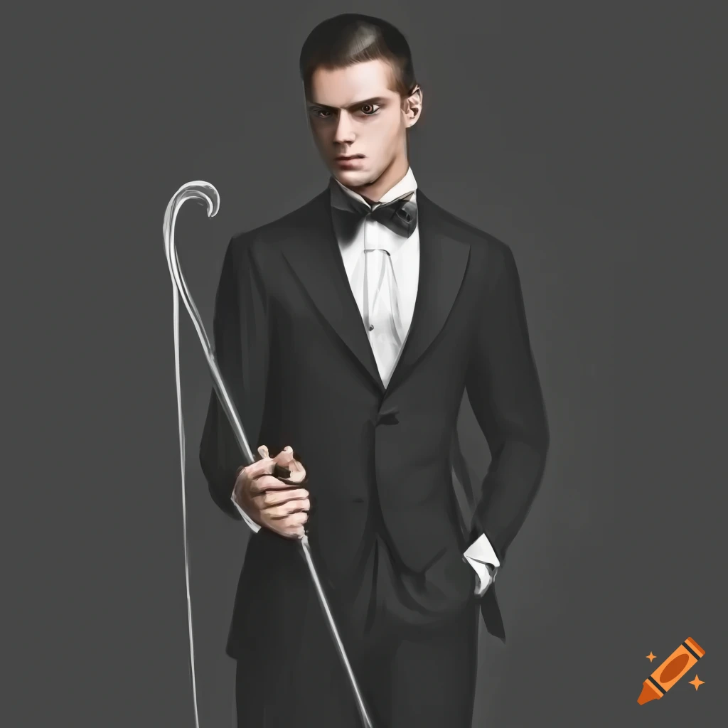 Elegant man in a black tuxedo with a top hat and cane on Craiyon