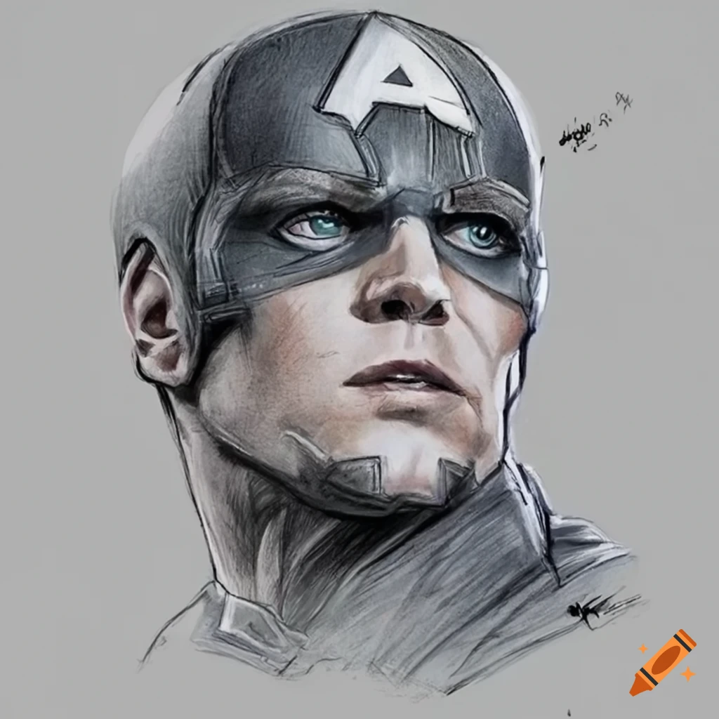 Black pencil drawing of captain america face on Craiyon