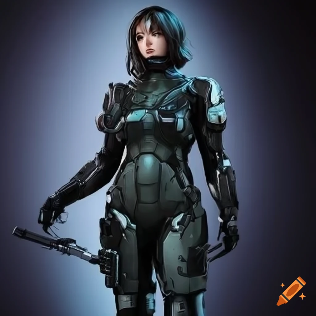 Battle suit science fiction female front view overall view combat suit foot  on Craiyon