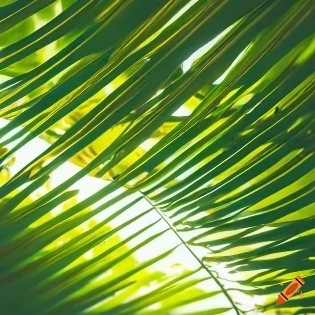 Sun reflections and palm leaf shadows on green background. Closeup
