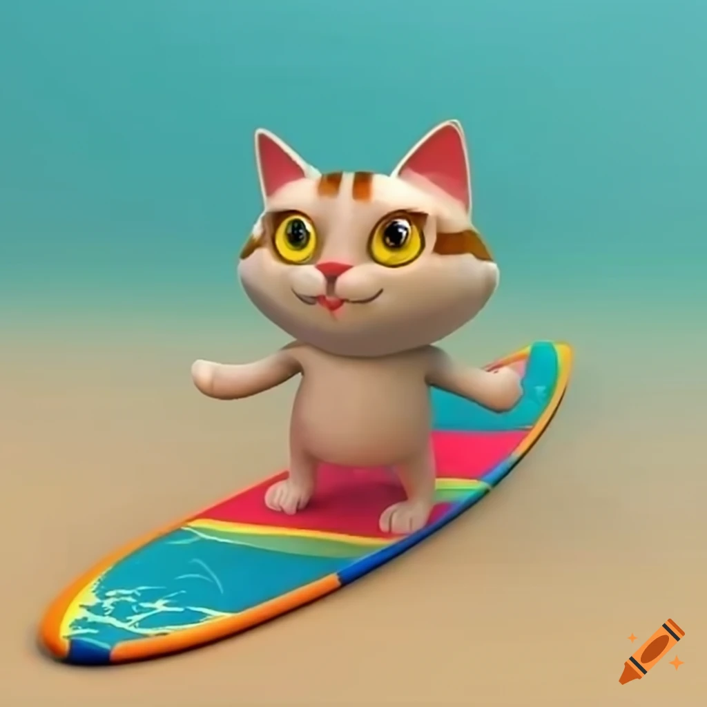 Cat surfing on surfboard cartoon 3d