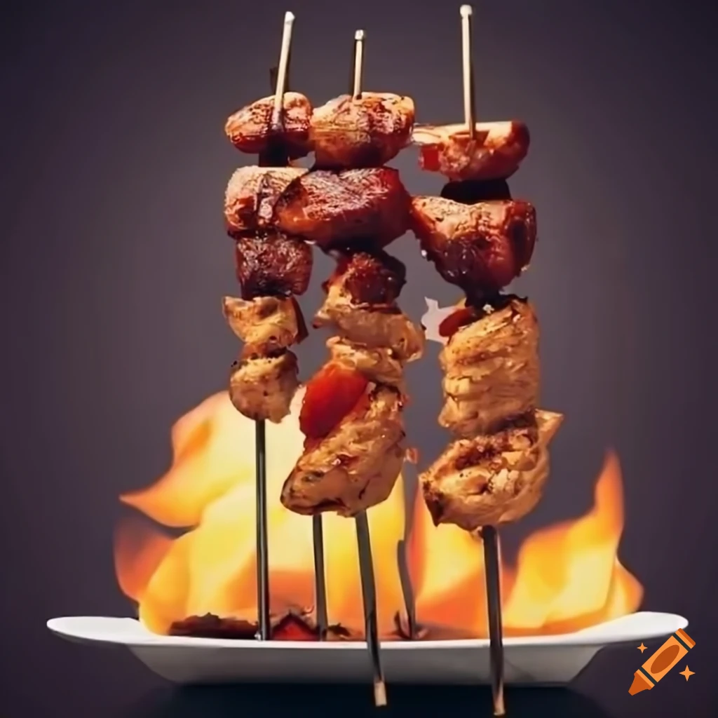 Barbecue skewers flyer on top of a plate and flames behind