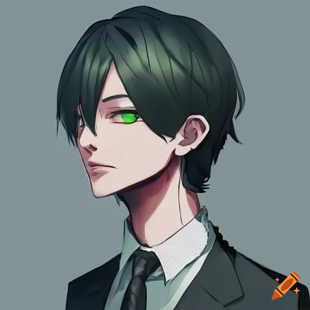 Young man, green eyes, black hair, short hair, in the anime style