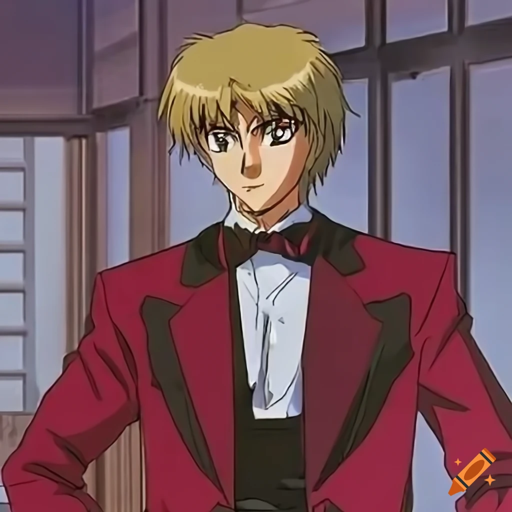 Anime 90s blonde male badass protagonist with bowtie and dark red blazer