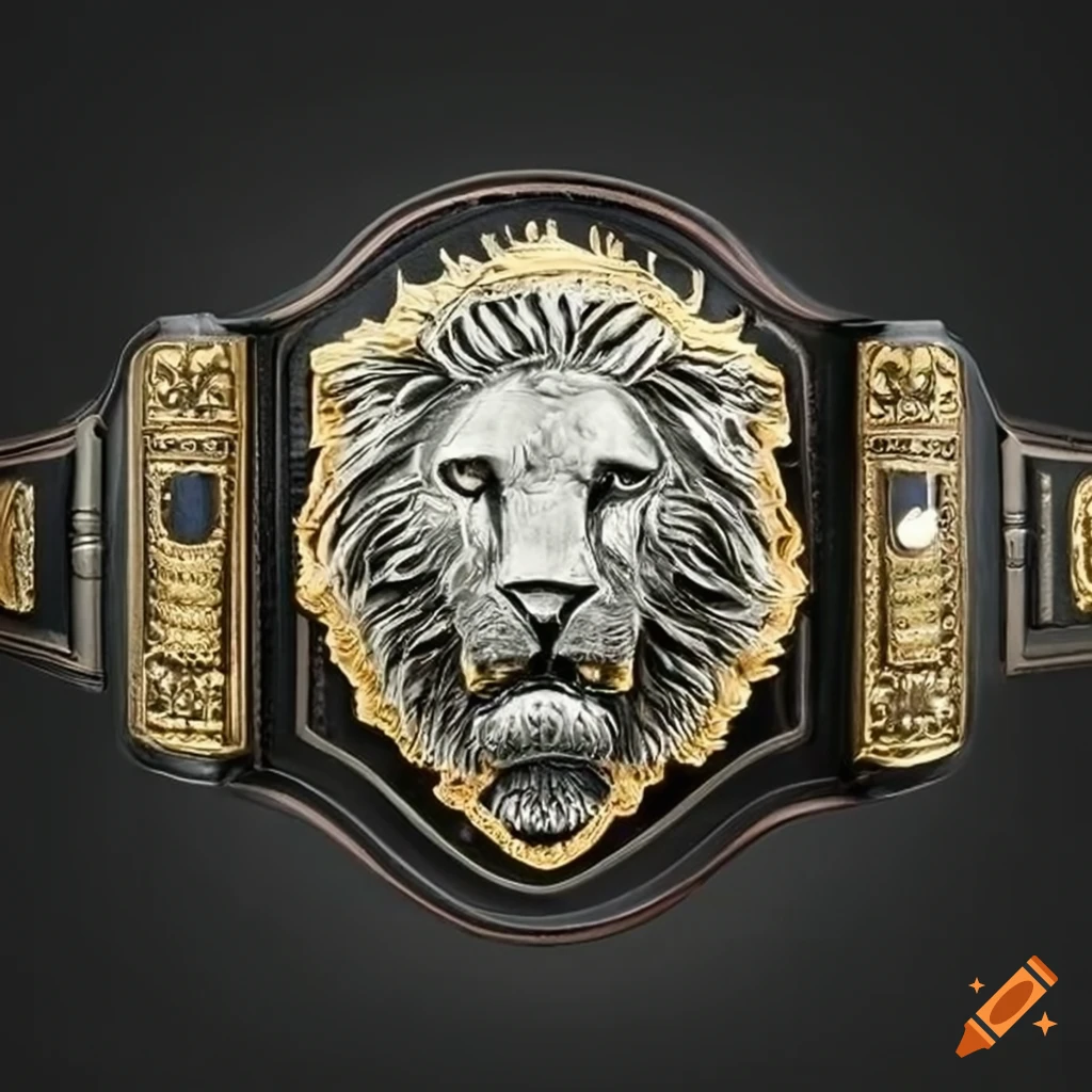 Can you create a british wrestling championship belt in a gold colour with  the british flag integrated as well as featuring a royal lion and a  traditional coat of arms on Craiyon