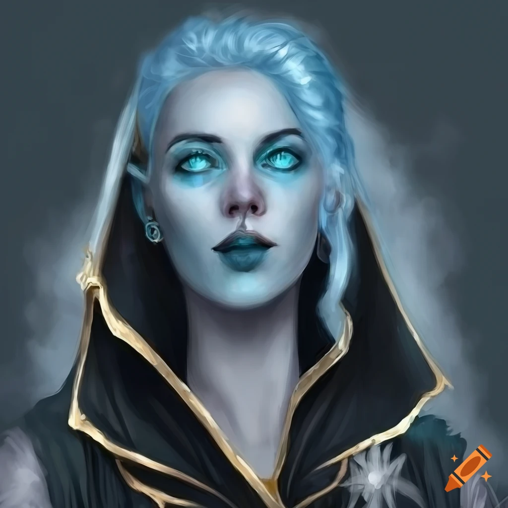 Fantasy Portrait Of A Female Air Sorcerer With Light Blue Skin And White Hair She Has On Plain 