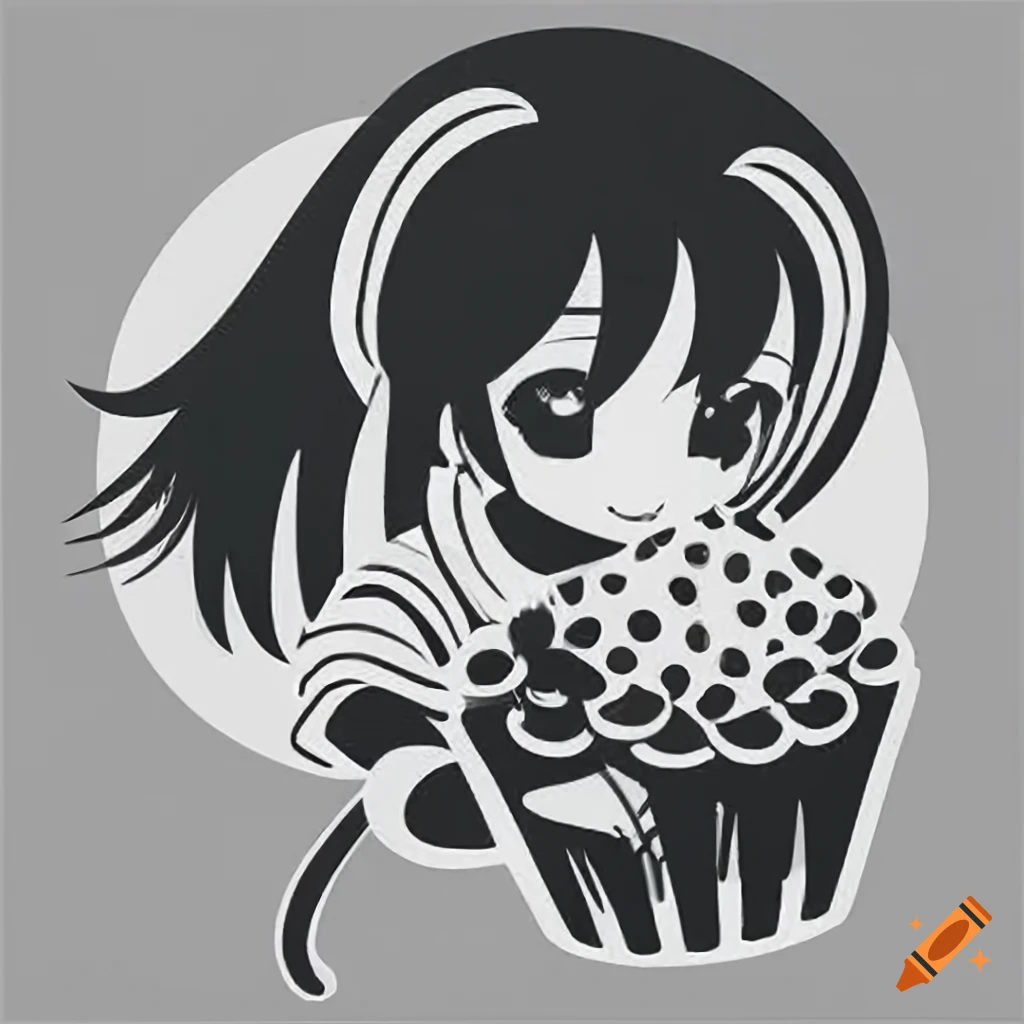 2d vector art logo of a cute anime girl hugging a large muffin