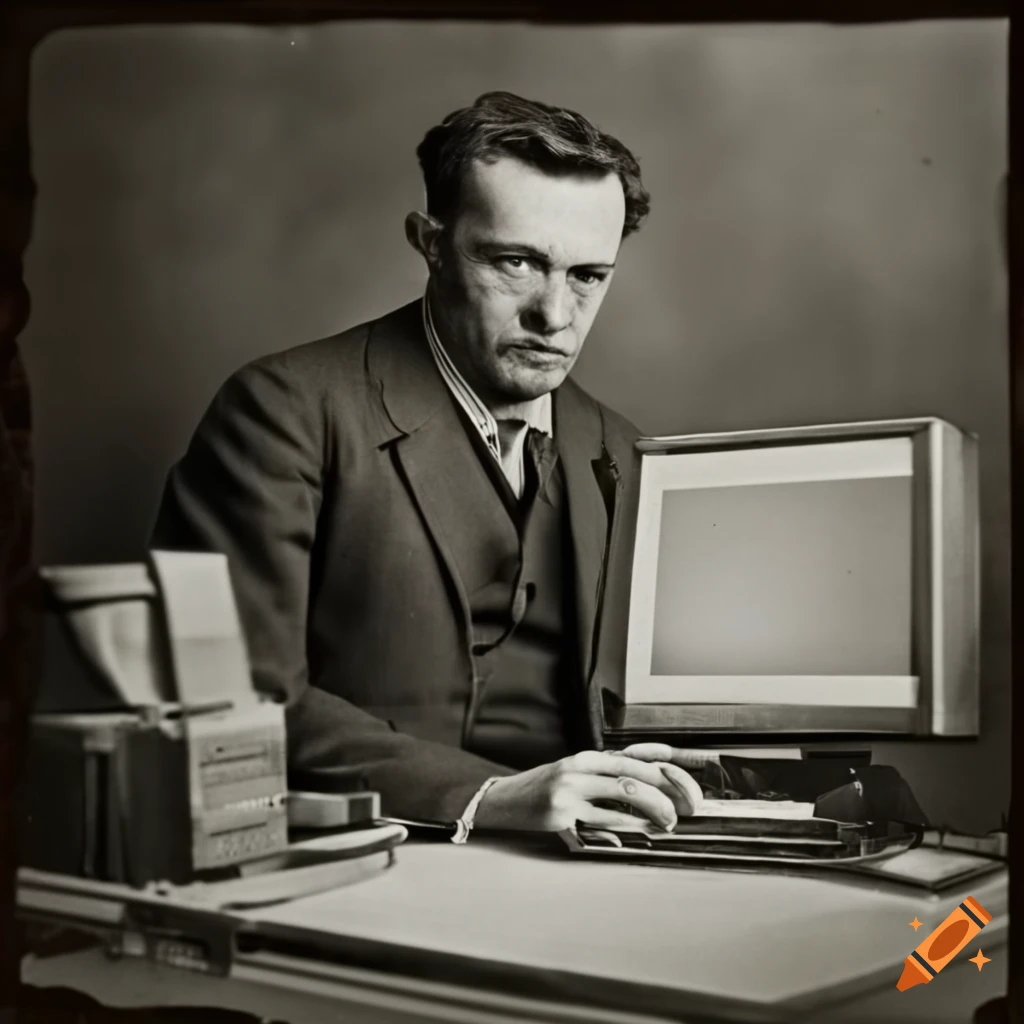 Old-timey photo of a man and his computer