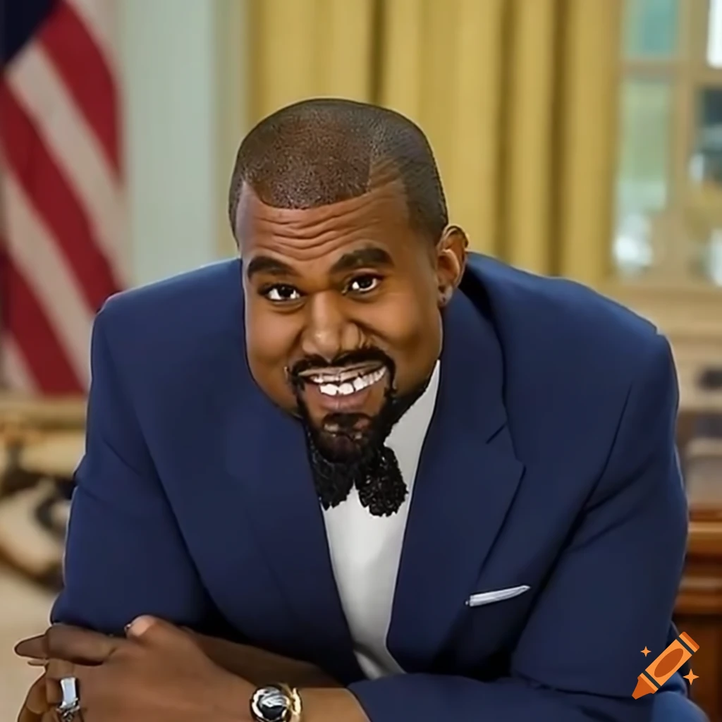 Kanye west smiling and dressed as donald trump in oval office