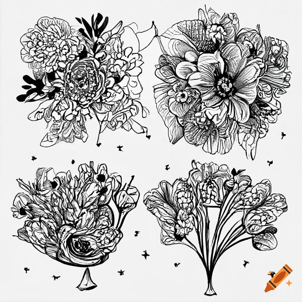 Black pen colouring page drawing on the white background drawing different  types of flowers arrangements on Craiyon