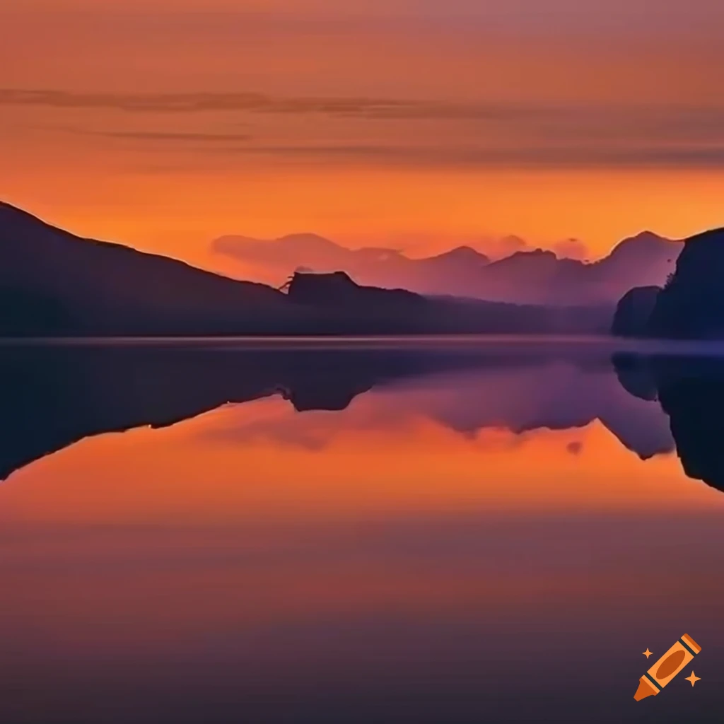 Imagine a breathtaking golden sunset over a serene mountain lake. The ...
