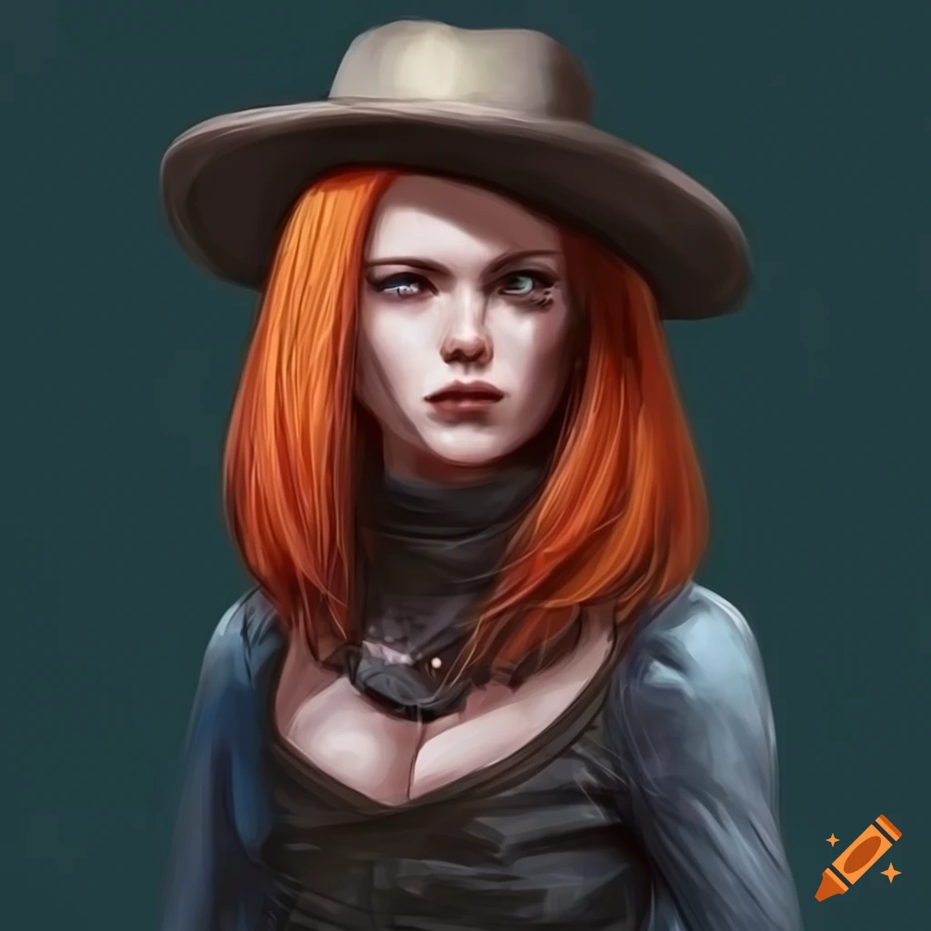 scifi, wild west, portrait, concept art, head and shoulders, woman, functional clothes, bob brown red hair, 30 years young