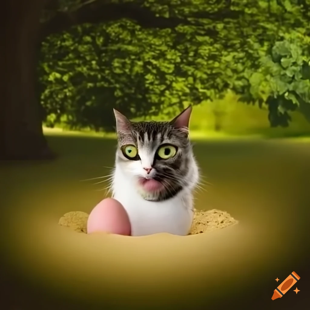 Silly cat with foolish eyes balancing on a giant egg with tree in