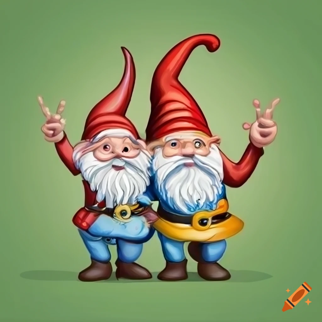 Cartoon image of two sad gnomes with a cap in the garden pointing up