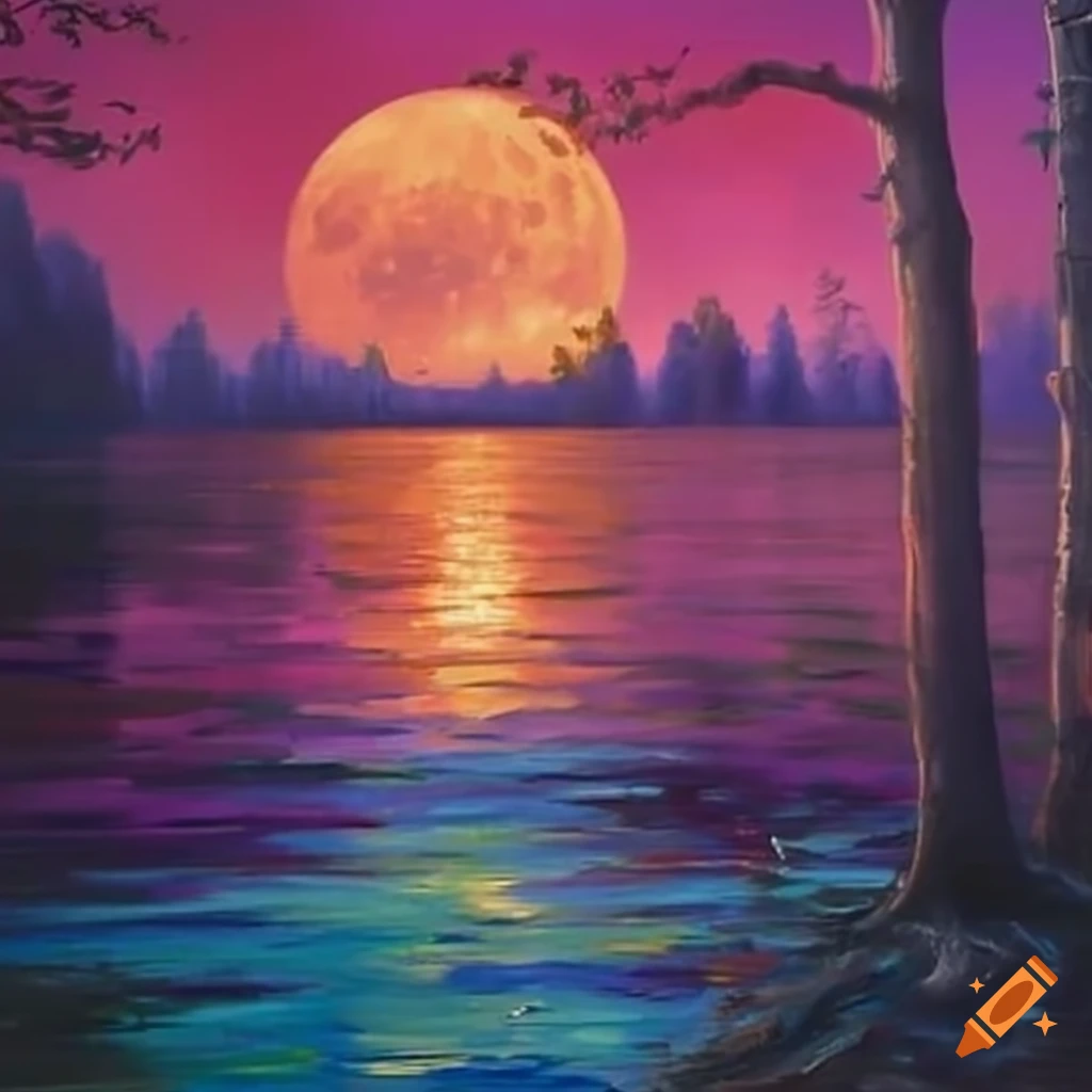 Premium Photo  A pink moon over a lake with mountains in the