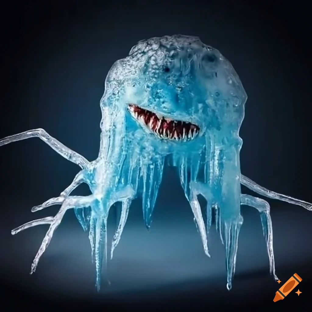A skinny ice monster made of thin transparent icicles where the shape is  reminiscent of a scary looking spider. show the entire creature so don't  get too close up on Craiyon