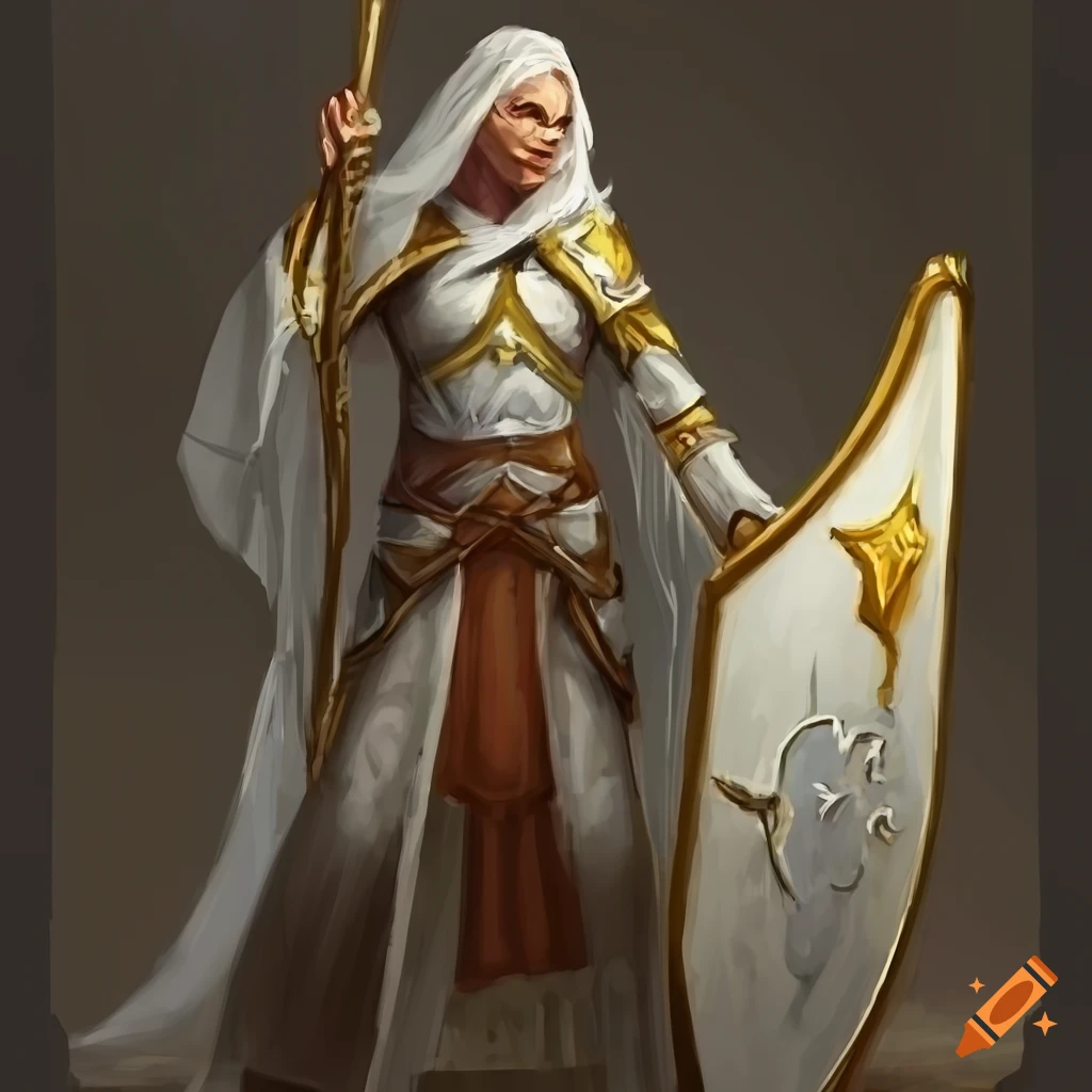 Cleric character, clothed in white, with gold accents. wielding a mace ...