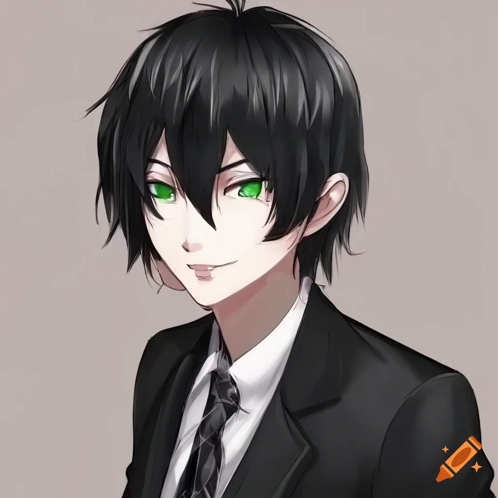 Anime style young man with short black hair and green eyes, wearing a black  suit and tie, scowling on Craiyon