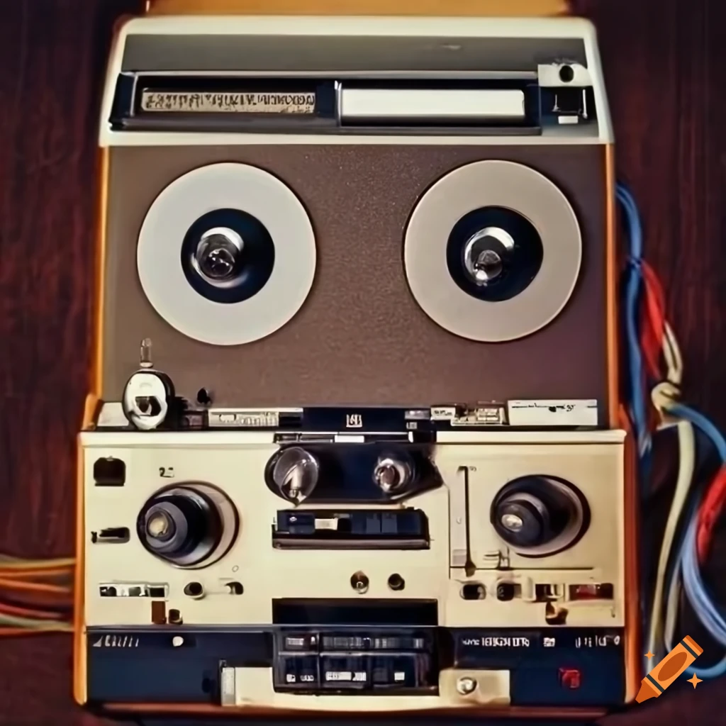 Tape machine recorder. retro photo. 1970. cables. multicolored bulbs. knobs  on Craiyon
