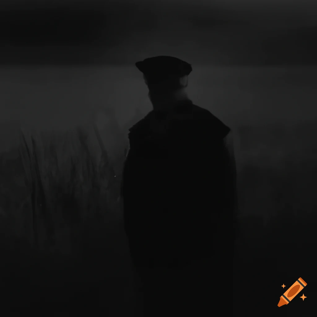 A lone soldier standing in a wheatfield, black and white, realistic