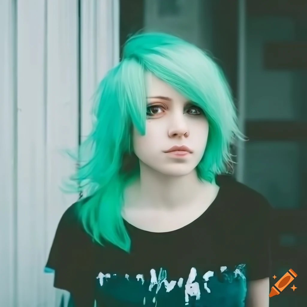 Realistic cute girl with short emo hair. hair is pastel green. she is  standing. in front of a building on Craiyon