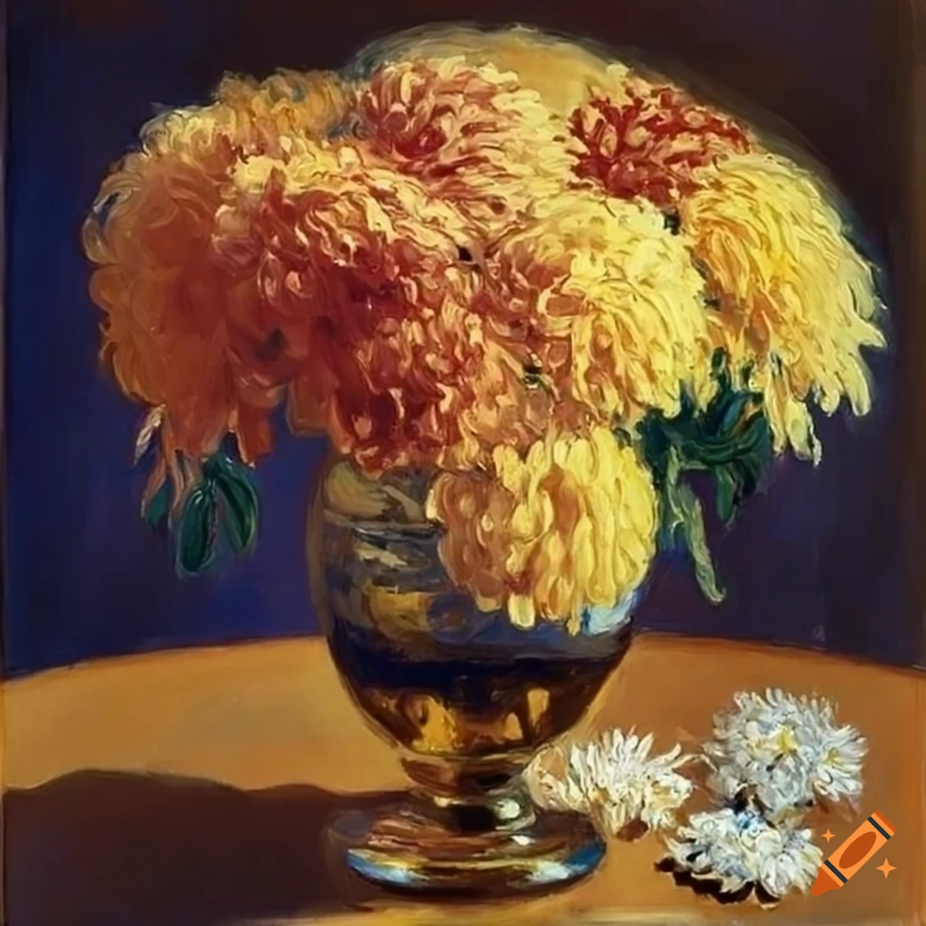Oil painting, chrysanthemum, chrysanthemum in a vase, golden vase, a