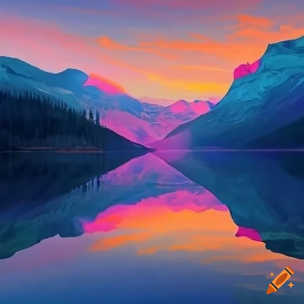 Imagine a breathtaking golden sunset over a serene mountain lake. the ...