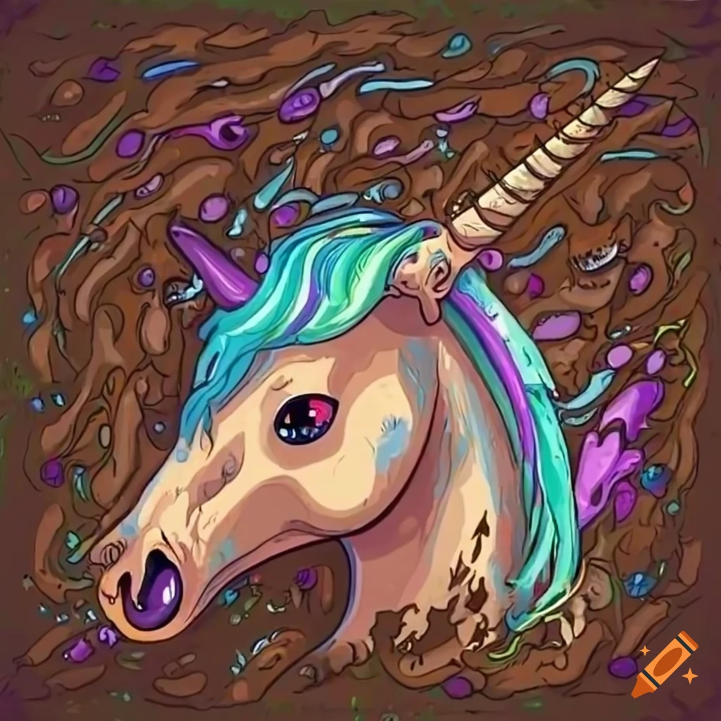 a muddy white unicorn colt sinking in a muddy peat bog