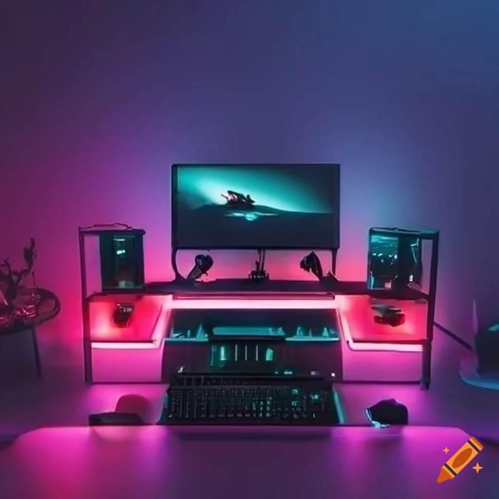A stylish gaming setup with vibrant led lighting on Craiyon
