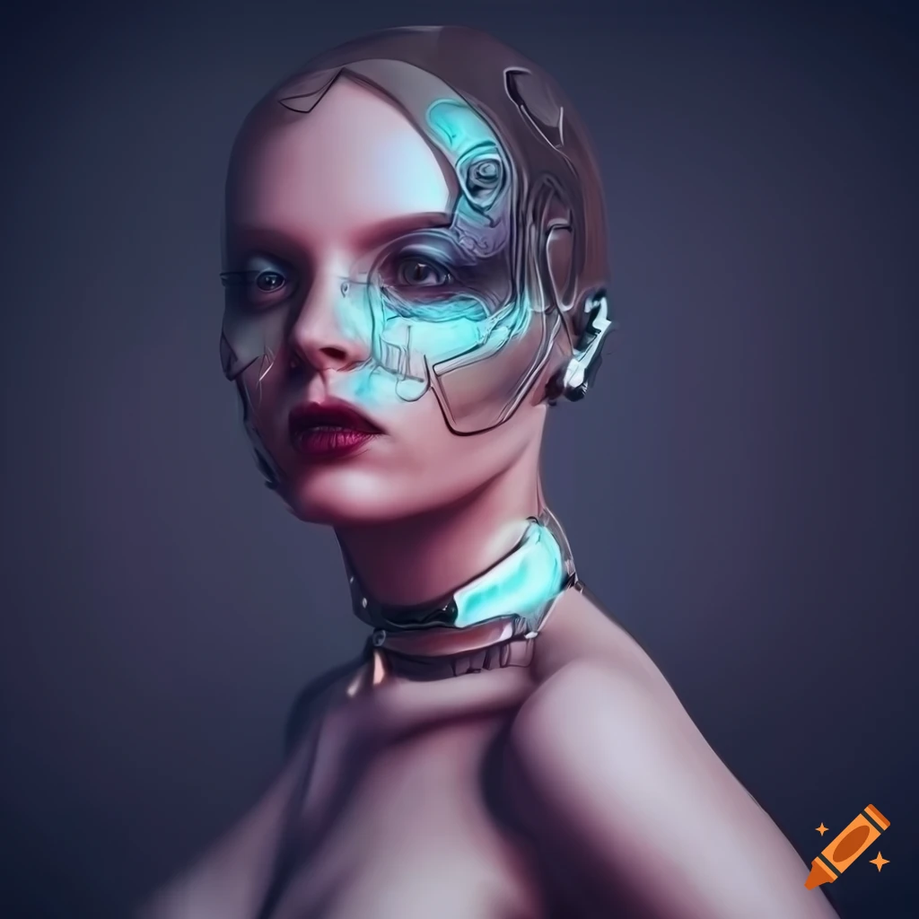Elegant cyborg lady in evening dress photorealistic sci-fi