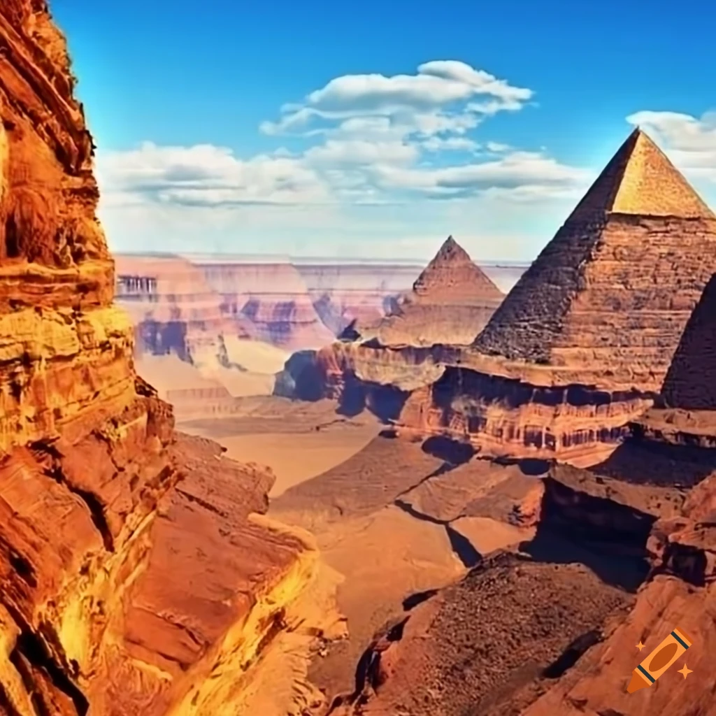 photo realistic image of the grand canyon next to the great pyramids