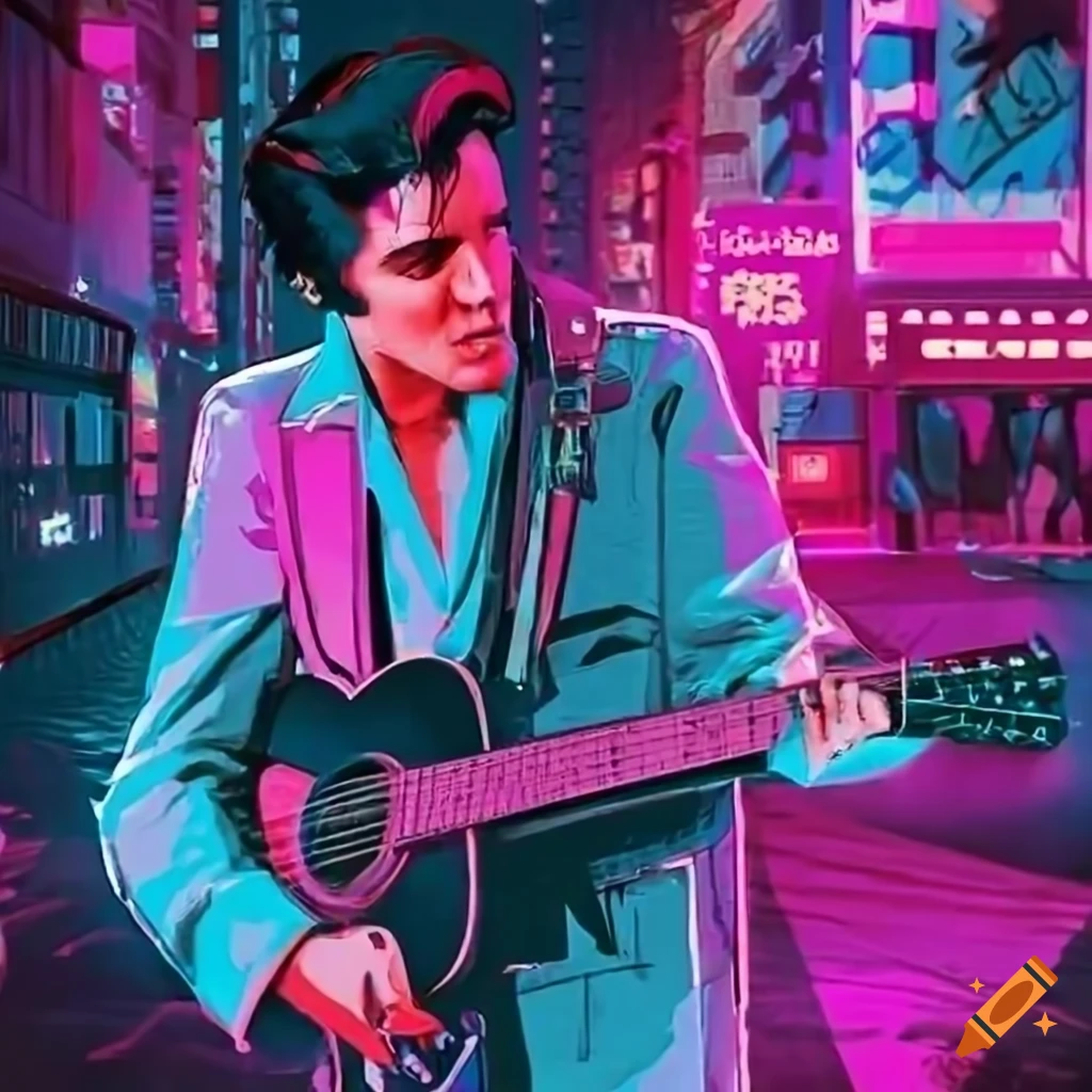 Elvis presley playing guitar and singing in neon city cyberpunk 8k