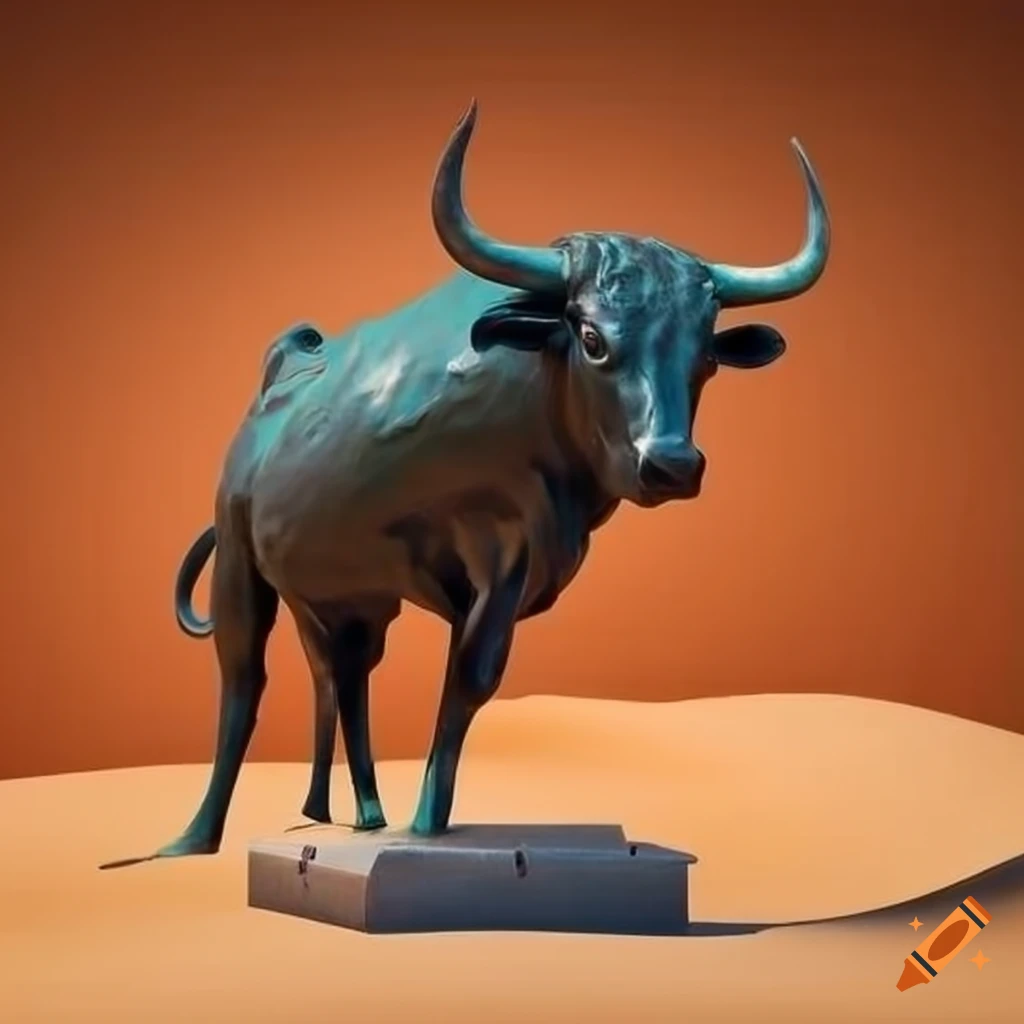 Stunning bronze bull sculpture contrasting against a sandy desert backdrop