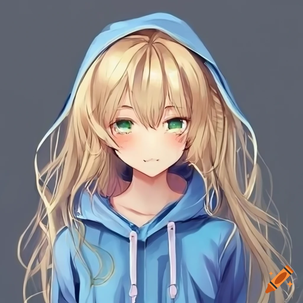 Anime girl with long fluffy blonde hair and blue hoodie