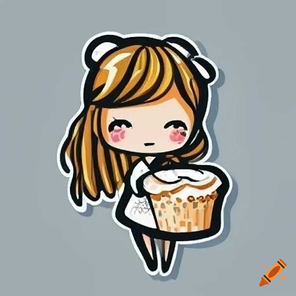 2d vector art logo of a cute anime girl hugging a large muffin