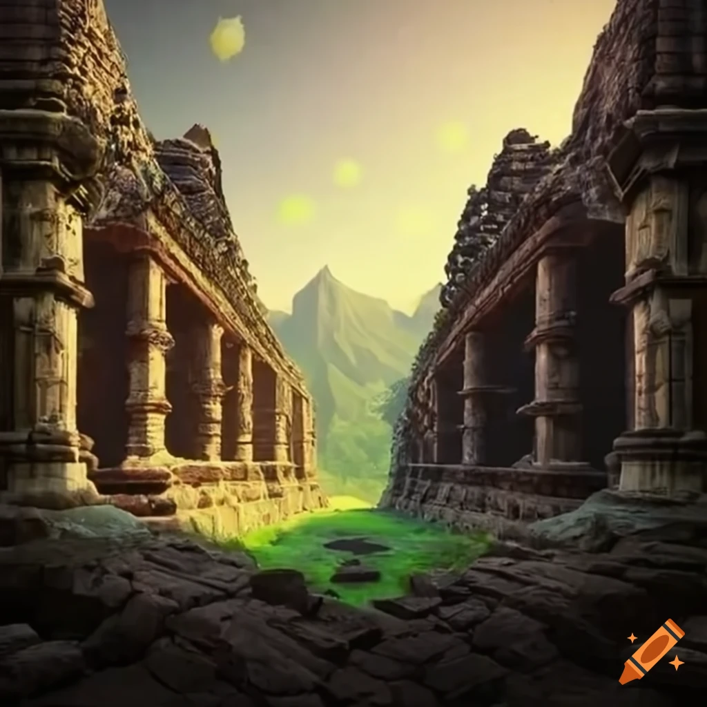 Ancient temple ruins nestled in a mountain valley