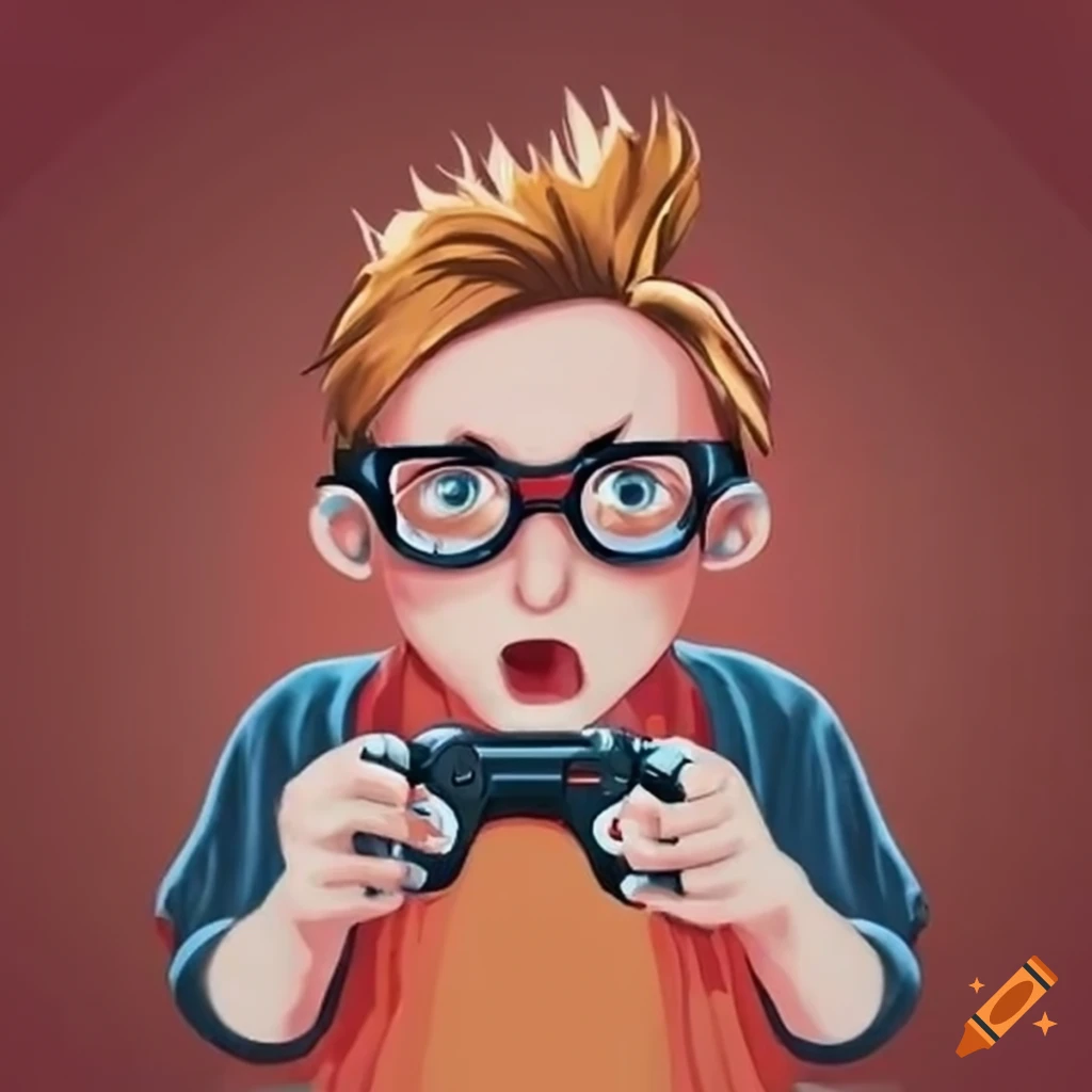 Nerd playing video game and eat snacks