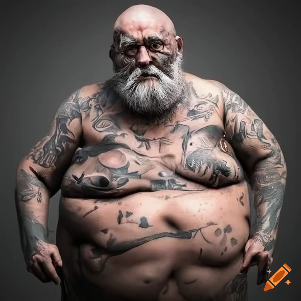 Fat Obese Old Man Tattoo Bearded In Grey Leather In Grey Waders In Mud fat-obese-old-man-tattoo-bearded-in-grey-leather-in-grey-waders-in-mud