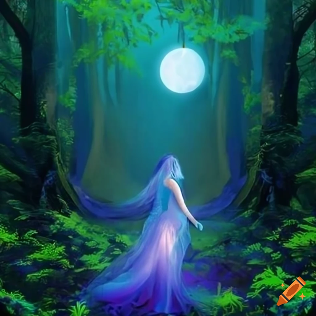 In a dark, enchanted forest, a young woman stands amidst ethereal lights  casting ghostly glows, with a sky of brooding clouds and shimmering - AI  Generated Artwork - NightCafe Creator