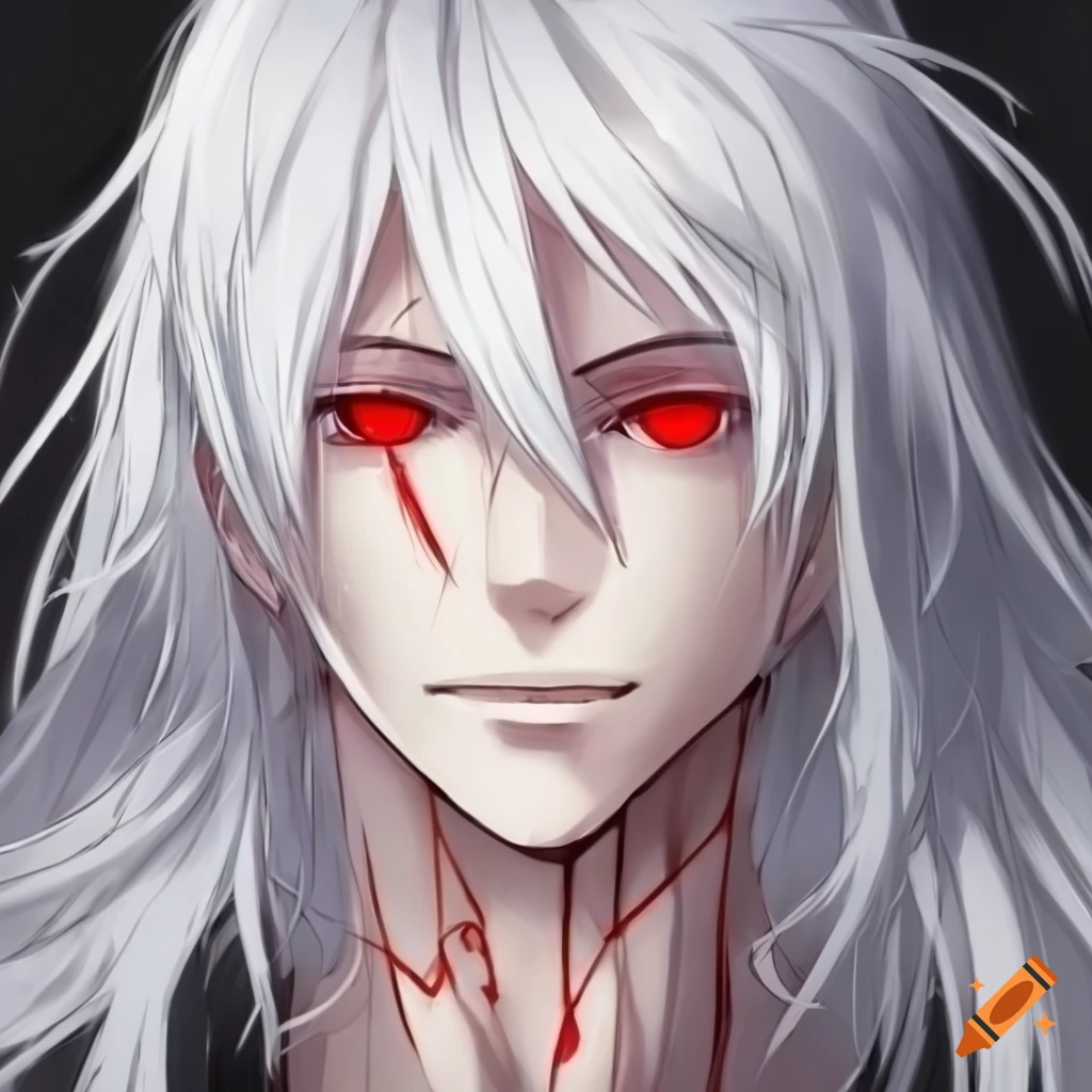 Anime boy, long white hair ,he's staring at front, red eyes, black streaks,  dark skin on Craiyon